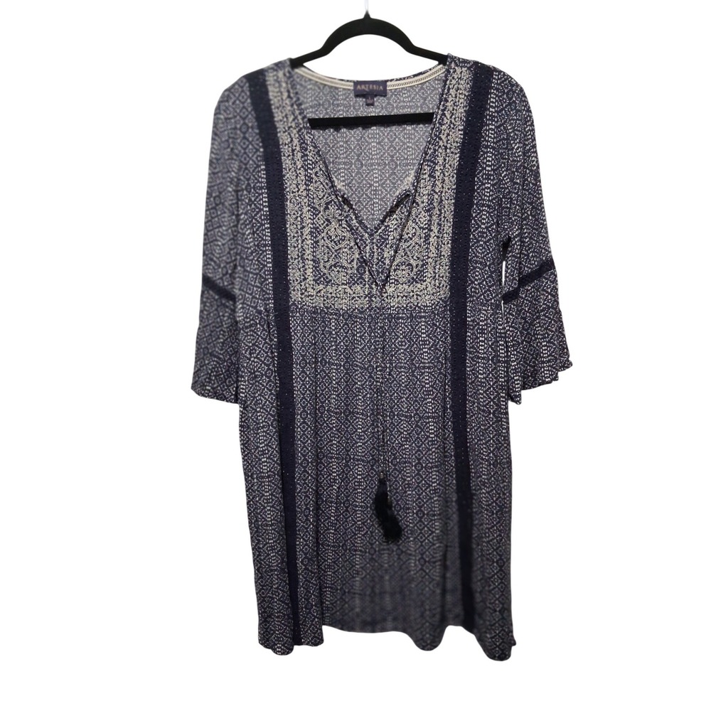 Artesia Navy Blue White Boho Geometric Tassel Shift Dress Bell Sleeve Large